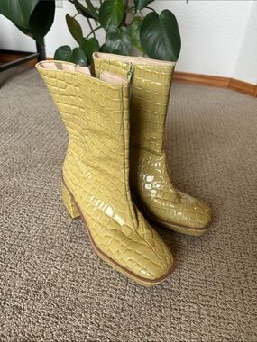 Urban Outfitters chunky chartreuse Bella Croc-Embossed Mid-Calf Block Heel Boots